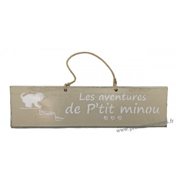 Plaque en bois " Les aventures de P'tit Minou qui joue dans l'escalier " déco Chat fond beige clair