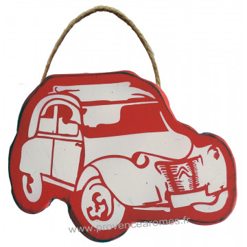 Plaque en bois forme 2 CV deux chevaux rouge